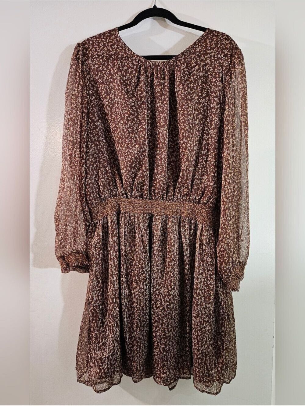Dex Boho Smocked Waist Floral Mini Dress Brown Shimmer Long Sleeve NWT 2X Ditsy